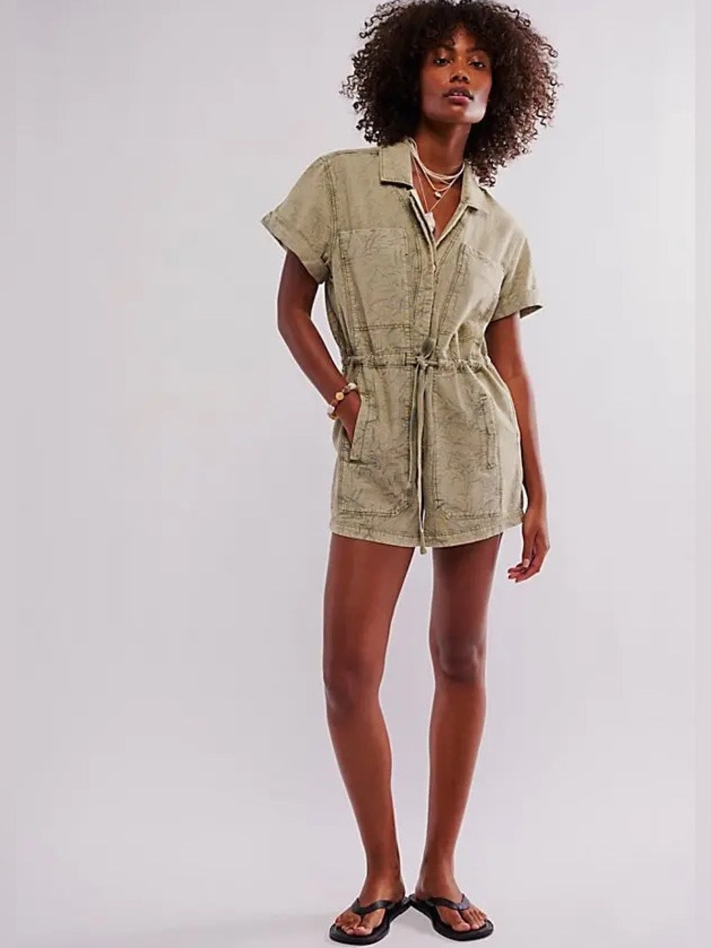FREE PEOPLE Rhodes Stone Washed Denim Romper Jumpsuit NWT Olive Sage Green